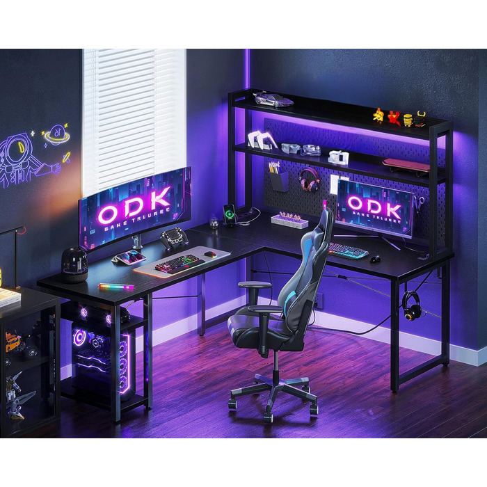 Ігровий стіл ODK зі світлодіодним підсвічуванням, 150120 см, двосторонній L-подібний стіл з 2 розетками та 2 портами зарядки USB, кутовий стіл чорного кольору з підставкою та полицею для зберігання, чорний 150120 см