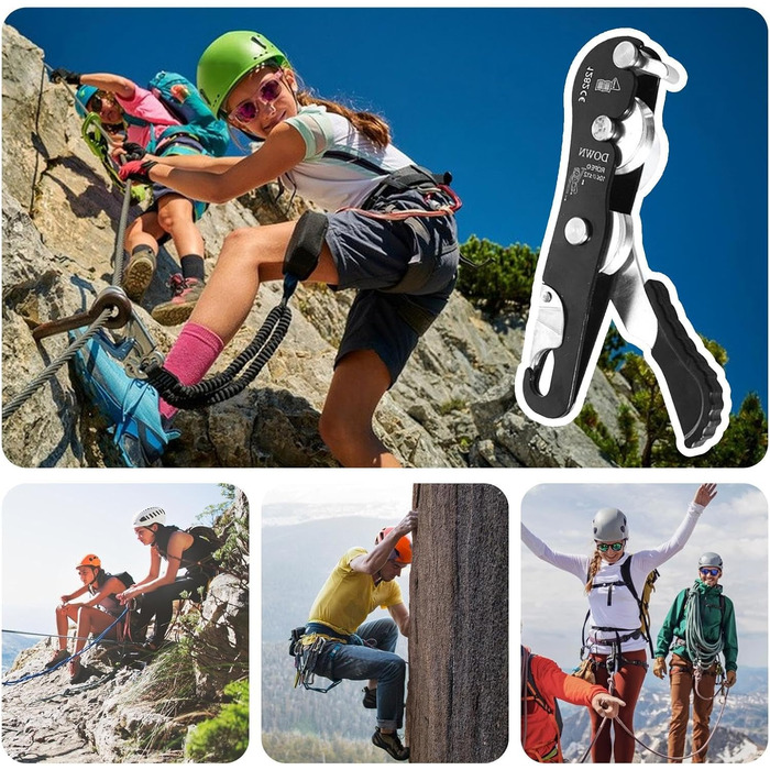 Спускний пристрій з функцією зупинки для скелелазіння - страхувальний пристрій для мотузок 8-13 мм, самогальмівне обладнання для спуску, порятунку та роботи на висоті Ручний антипанічний спускний пристрій, алюмінієвий сплав