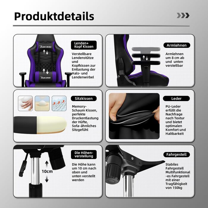 Геймерське крісло, офісне крісло з функцією гойдання до 170, геймерське крісло з регульованою поперековою подушкою, підголівником та підлокітниками, зручна подушка сидіння, геймерське крісло вантажопідйомністю 150 кг