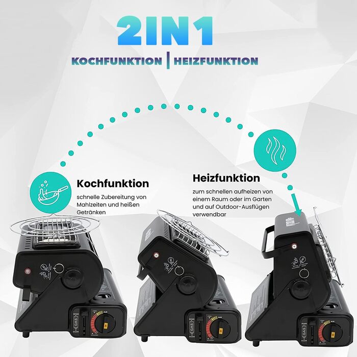 Портативний газовий обігрівач та газова плита 2-в-1 поворотний на 90 міні-обігрівач для кемпінгу керамічний пальник газовий обігрівач функція приготування їжі, обігрівач для намету (4 газові картриджі)