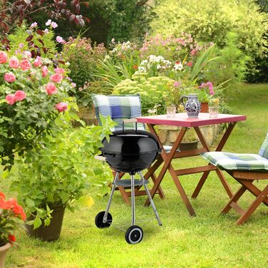 Вугільний гриль-мангал, Ø 44 см, решітка для грилю, для вулиці, з колесами та ніжками, з піддоном для попелу, коптильня, чорний