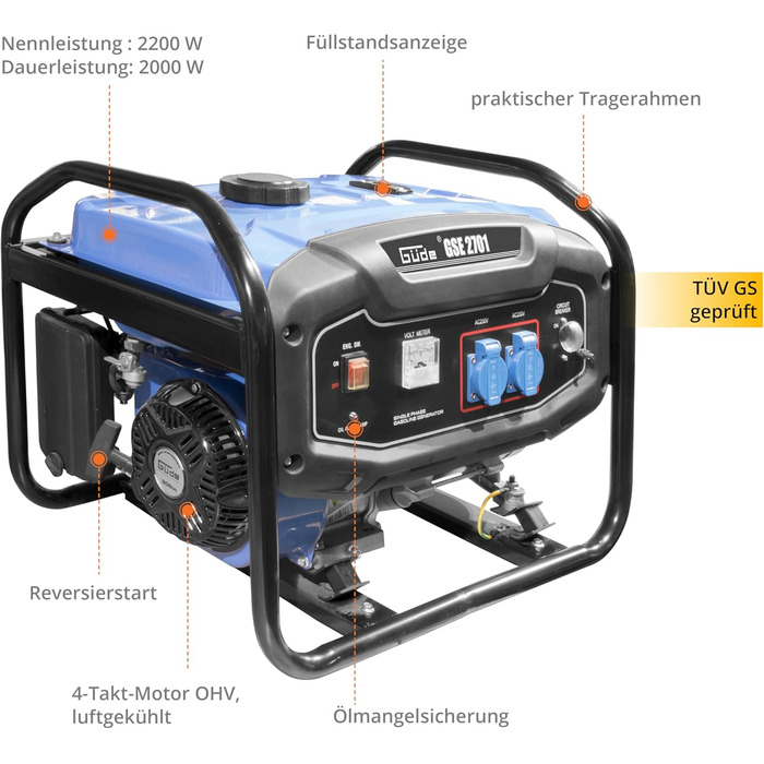Генератор Gde GSE 2701 (4-тактний двигун, бензиновий, 3,2/4,4 (кВт/к.с.), 2 розетки 230 В, макс. 2200 Вт, час роботи до 17 год, бак 15 л, автоматичний регулятор напруги (ARV), захист від перевантаження, несуча рама, перевірено TV/GS)