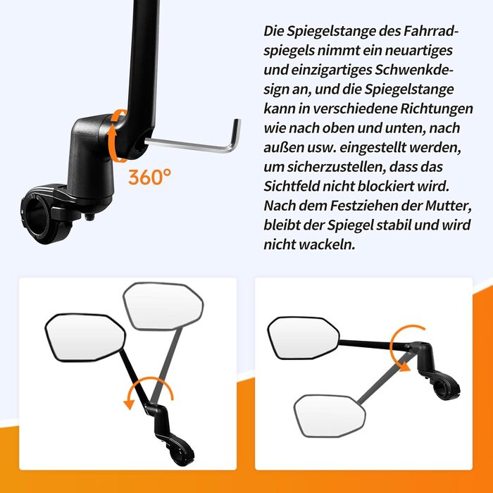 Велосипедне дзеркало, нове функціональне велосипедне дзеркало заднього виду з контрольованим напрямком висування, HD справжнє скло для електросамоката, велике велосипедне дзеркало з обертанням на 360 для керма електровелосипеда ліве (22,2-25,4 мм)