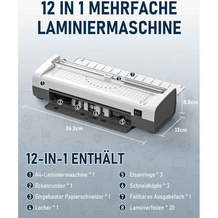 Ламінатор A4, гарячий та холодний ламінатор з 20 ламінуючими пакетами для паперів A4, A5 та A6, ламінатор 12-в-1 з різаком для паперу та закруглювачем кутів, ламінуючий пакет для школи, дому та офісу, білий