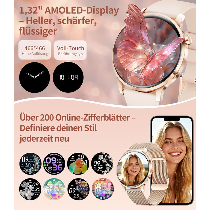 Жіночий смарт-годинник із функцією телефону, 1,32-дюймовий HD AMOLED-дисплей, елегантний наручний годинник для iOS та Android, понад 100 спортивних режимів, фітнес-годинник, крокомір, 24-годинний монітор серцевого ритму, монітор сну, водонепроникність IP6