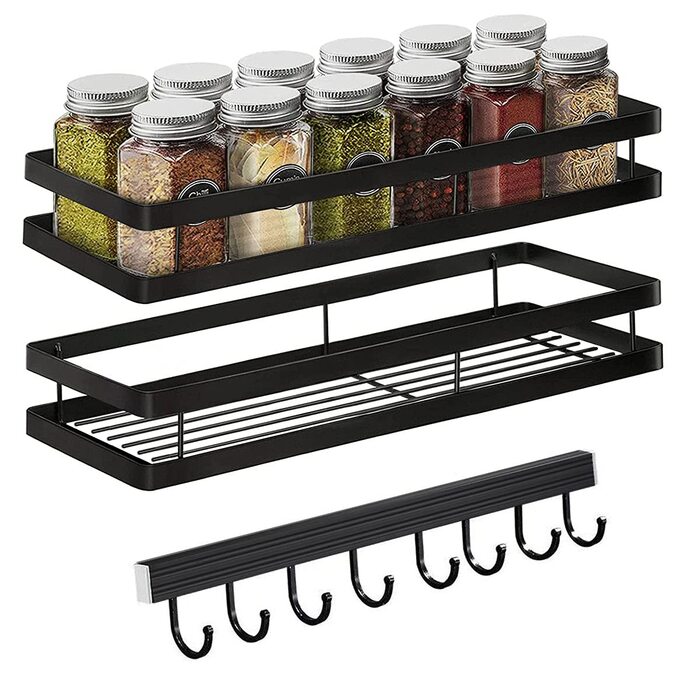 Настінна полиця для спецій, не потребує свердління, комплект з 2 шт. з кухонною штангою, підвісна кухонна полиця, полиця для спецій на дверцята шаф, полиця для душу з нержавіючої сталі для кухні, ванної кімнати, балкону, 35 x 12 x 5,7 см, чорна