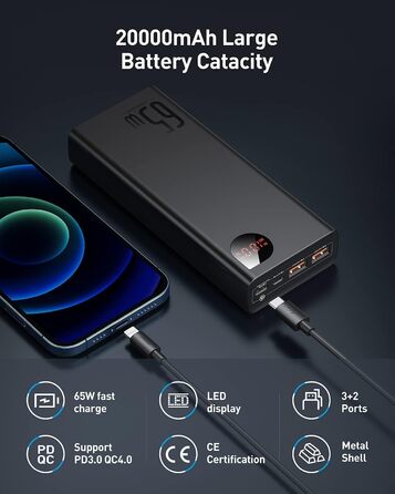 Powerbank Baseus 65W PD QC 4.0, 20000mAh, USB-C вхід/вихід