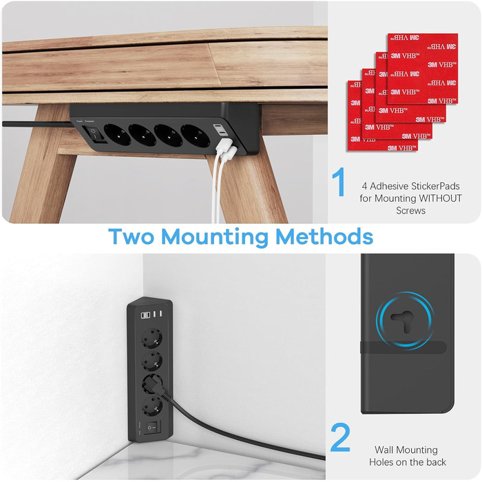 Кутова розетка з 2 USB і 2 Type-C, 4-х секційна розетка з вимикачем, захист від перенапруги з подовжувачем і кабелем 2M для кухні