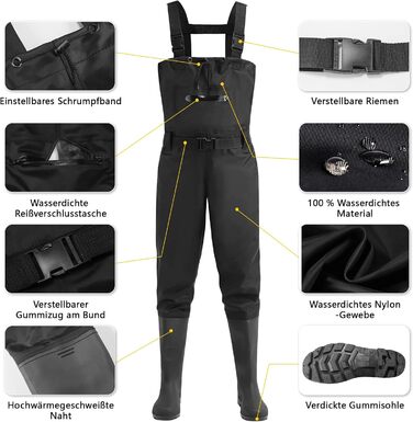 Чоловічі та жіночі потовщені вейдерси, рибальські вейдерси з чобітьми, вейдерси з нагрудними кишенями, регульованими ремінцями, нейлонові вейдерси, рибальські вейдерси 44W