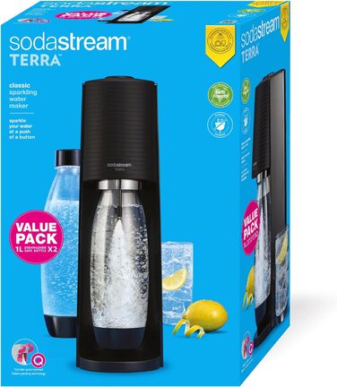 Виробник газованої води Terra Value Pack x2 з 2 пляшками, які можна мити в посудомийній машині, 1 л і 1 циліндром CO2 Quick Connect об'ємом до 60 л, чорний матовий