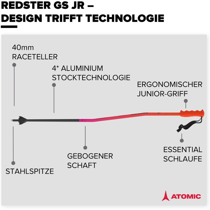 Дитячі гірськолижні палиці ATOMIC REDSTER GS JR Червоні Легкі палиці з ергономічним грипом Аеродинамічний алюміній Регульований ремінець, 110 см, Red Tension