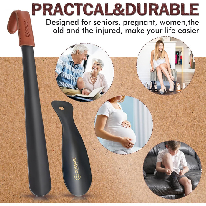 Металевий ріжок для взуття ZOMAKE Набір з 2 - 42 см чорний довгий ріжок для взуття з нержавіючої сталі зі шкіряним ремінцем, 19 см