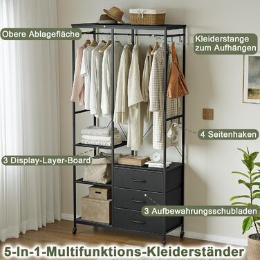 Штанга для одягу, міцна, для шафи - окремостояча портативна шафа-гардероба з колесами, дерев&39яною стільницею, сталевим каркасом, тканинними висувними ящиками та регульованими полицями, чорна