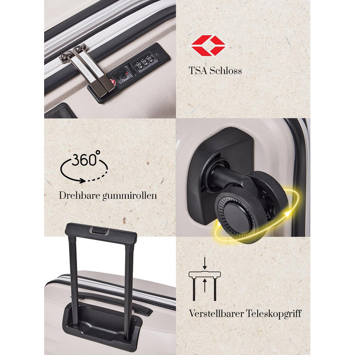 Еко-версія валізи на колесах для ручної поклажі Компактний борт-кейc 40 x 22 x 55 см з розширенням від 44 до 50 літрів Ультралегкий, всього 2,61 кг, бежевий колір