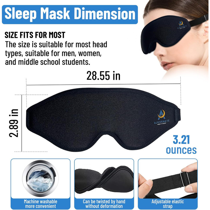 Маска для сну AJUVENATE 3D для чоловіків та жінок, 100 затемнення, відсутність тиску на очі, дихаючий матеріал, зручна пов'язка дл