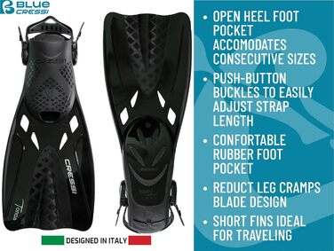 Ласти CRESSI Tonga/Комплект - Легкі регульовані короткі ласти або комплект коротких ласт повнолицьова маска Baron із широким полем зору, ідеально підходять для підводного плавання, плавання, короткі ласти для дорослих, чорний/чорний, L/XL (42/47)