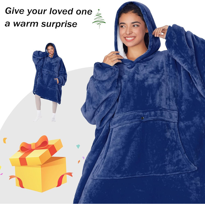 Тепла ковдра з капюшоном Kato Tirrinia великого розміру, м&39яка фланелева жіноча ковдра-светр, зручний пуловер з капюшоном, затишна подарункова ковдра для дорослих, чоловіків, жінок, підлітків, темно-синя XXL