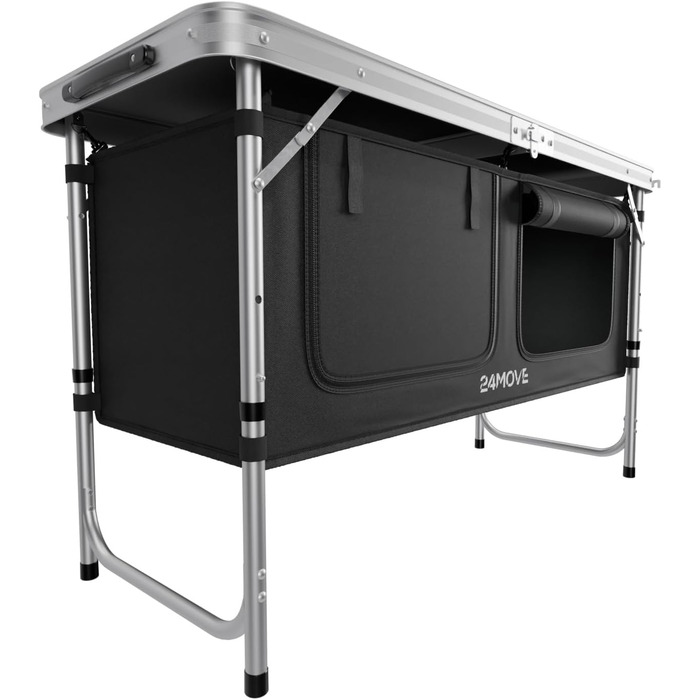 Складана кемпінгова кухня, алюмінієва шафа для кемпінгу з регульованою висотою, дорожня кухня з робочою поверхнею та відділеннями для зберігання, для кемпінгу на свіжому повітрі, включаючи сумку для перенесення 120x47x70, чорна, Praia, 24MOVE