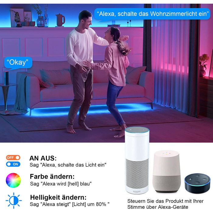 Світлодіодна стрічка Alexa 10 м, світлодіодні стрічки 5050 RGB, керовані APP музичні світлодіодні струнні ліхтарі, сумісні з Alexa, світлодіодна стрічка Google Assistant, що змінює колір, світлодіодна стрічка з пультом дистанційного керування та джерелом 