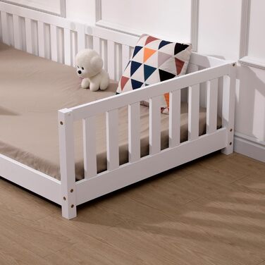 Дитяче ліжко ecomi 80x160 із захистом від падіння, Ліжко на підлогу, Дитяче ліжко з рейковою основою для дівчаток та хлопчиків, Масив сосни білого кольору, 80 x 160 см, Білий
