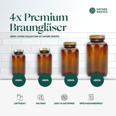 Набір скляних банок для зберігання Nature Basics - 4 x 400 мл - Банки з бурштинового скла з різьбовими кришками та щільно закриваючими алюмінієвими кришками - для зберігання продуктів та косметики - Герметичні та придатні для миття в посудомийній машині