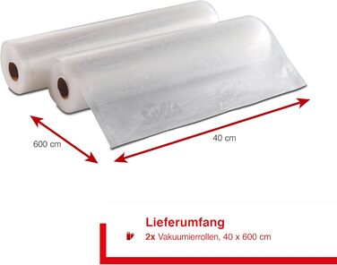 Рулони вакуумного пакувальника Solis 40 x 600 см для вакуумних пакувальників, 2 рулони для вакуумних пакетів для приготування та заморожування, нарізана за розміром та багаторазова вакуумна плівка, ідеально підходить для су-віду, 110 мкм, прозора