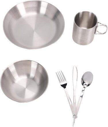 Набір посуду для кемпінгу Drfeify з нержавіючої сталі, портативний, дворівневий, комбінація посуду для пікніків, пляжних вечірок, міцний набір столових приборів для мандрівників, нержавіюча сталь 304, розмір 546 г