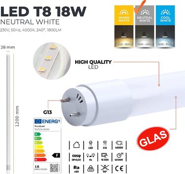 Чиста світлодіодна трубка з 10 шт. 120 см - СКЛО T8 G13 - нейтральний білий (4000K) - 18 Вт (замінює 36 Вт) - 1800 люмен - включно зі стартером - люмінесцентна трубка Неонова трубка трубка лампа Світлодіодна трубка