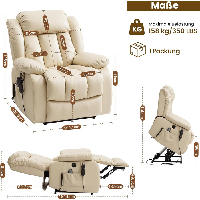 Моторне електричне безступеневе регульоване крісло-реклайнер з функцією нахилу на 180, крісло з функцією сну, масажне крісло з підйомником, вібрацією та підігрівом (бежевий), 2-