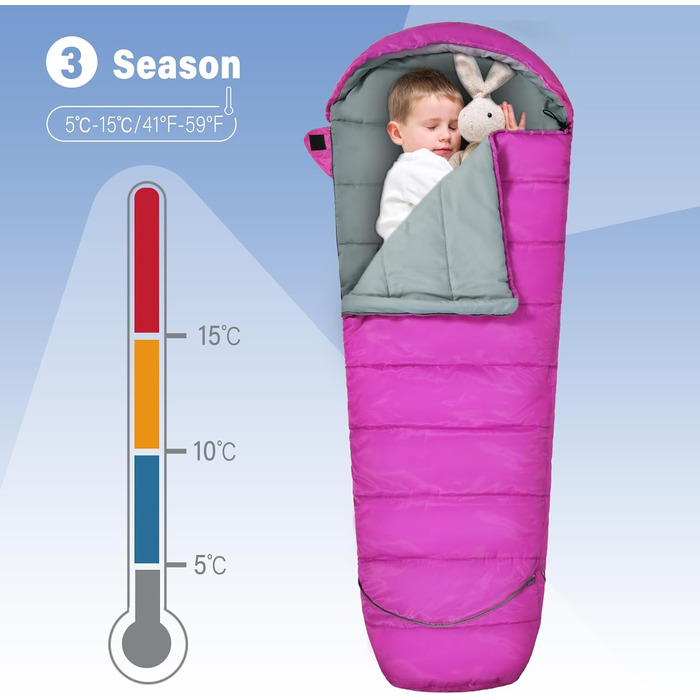 Дитячий спальний мішок REDCAMP для хлопчиків та дівчаток 175 x 65 см, матусин спальний мішок, зручний, легкий та теплий з регульованою довжиною, 3 сезони, підходить для кемпінгу та активного відпочинку, синій/рожевий