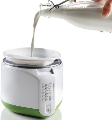 Машина для сиру та йогурту з 6 програмами, м'яка на дотик панель керування, контейнер 500 мл з антипригарним покриттям, максимальна температура 90C, включаючи книгу рецептів, 500 Вт, білий/зелений, 615