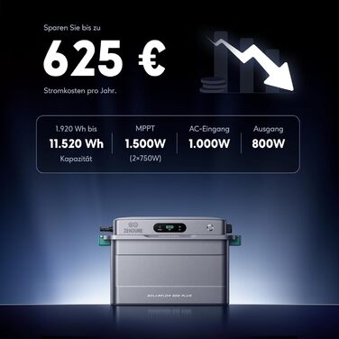 Універсальна балконна електростанція з накопичувачем, фотоелектрична система ZENDURE SolarFlow 800 Plus з накопичувачем та акумуляторами (1920 Втгод), модульне розширення до 5 додаткових акумуляторів, Wi-Fi BT, plug & play SF800 Plus