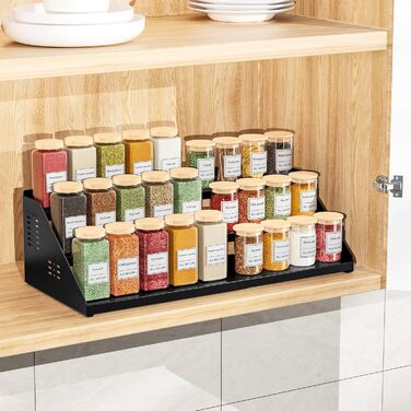 Рівнева підставка для спецій, органайзер для кухонних полиць, органайзер для спецій, розширюваний металевий органайзер для кухонних шаф від 34 см до 55 см, для стільниць, кухні, їдальні - чорний, 3-