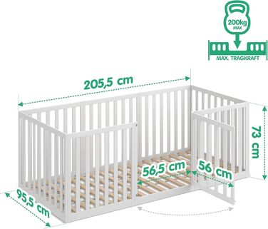 Дитяче ліжко CADANI Teso 90x200 см Ліжко-ліжко Монтессорі з дверцятами та захистом від падіння, 6 варіантів складання, масив сосни білого кольору, можна використовувати як манеж, вкл. рейкову основу 90 x 200 см білого кольору з дверцятами