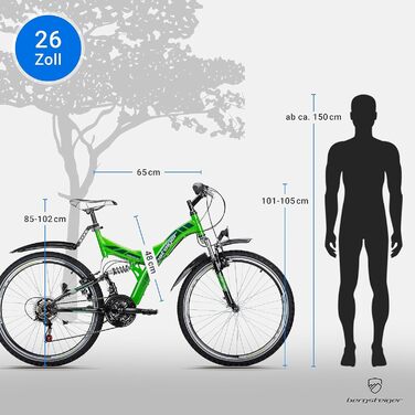 Гірський велосипед Bergsteiger Memphis 26 дюймів, підходить для зросту від 150 см, динамо-ліхтар, відповідає німецьким правилам дорожнього руху (StVZO), 21-швидкісна коробка передач, повна підвіска, для хлопчиків та чоловіків, блискуче-білий