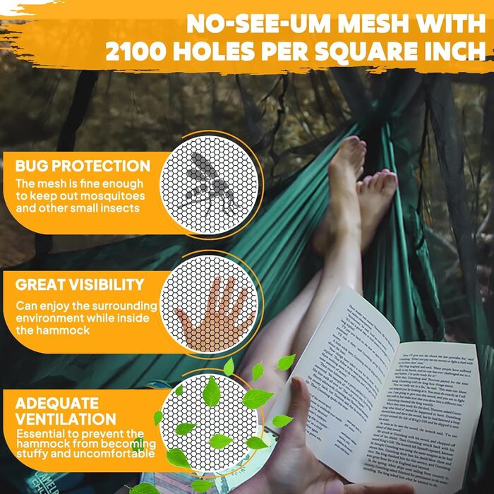 Ультралегкий гамак для кемпінгу з москітною сіткою NATUREFUN, вантажопідйомність 300 кг (275 x 140 см), дихаючий, швидковисихаючий парашутний нейлон, включає 2 карабіни преміум-класу, 4 нейлонові петлі, 275 x 140 см, темно-зелений