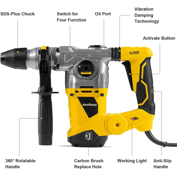 Ударний дриль ENVENTOR SDS-Plus, ударний дриль потужністю 1500 Вт, відбійний молоток потужністю 6 Дж з антивібраційною ручкою, макс. 4500 об/хв, комбінований молоток з 4 функціями, максимальна потужність свердління в бетоні (32 мм), металі (13 мм), дереві