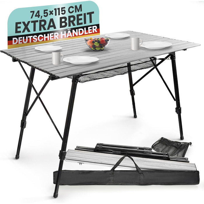 Складаний кемпінговий стіл, регульована висота до 78 см, алюмінієвий кемпінговий стіл, складний кемпінговий згортальний стіл, балконний стіл на 4 особи, складний стіл, сріблястий, легкий з сумкою для перенесення, сітка, згортається, складається