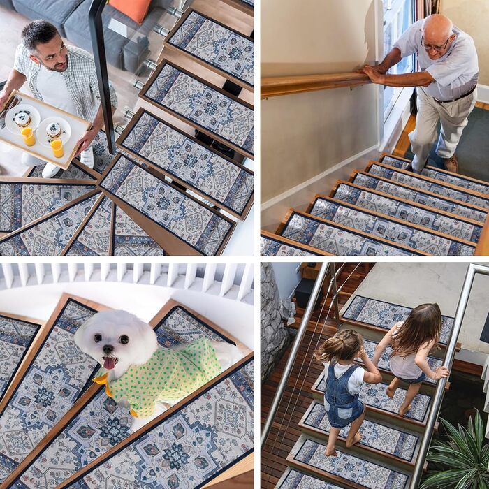 Килимки для сходів YISUN з принтом 65x20 см, знімні та миючі протиковзкі килимки, самоклеючі килимки для сходів, килимки для сходів в приміщенні, для кухні, спальні, дітей, людей похилого віку, собак, синього кольору