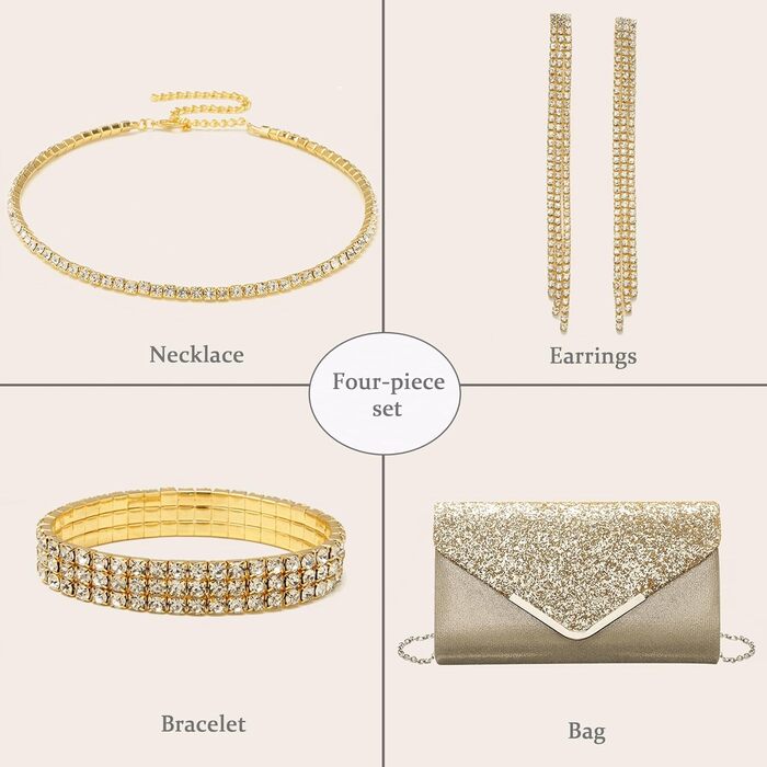 Жіноча сумочка з блискітками та блискітками, вечірня/весільна сумочка, гаманець, весільні прикраси, на випускний вечір, вечірку, сумка через плече, елегантна, набір з 4 предметів із золотом