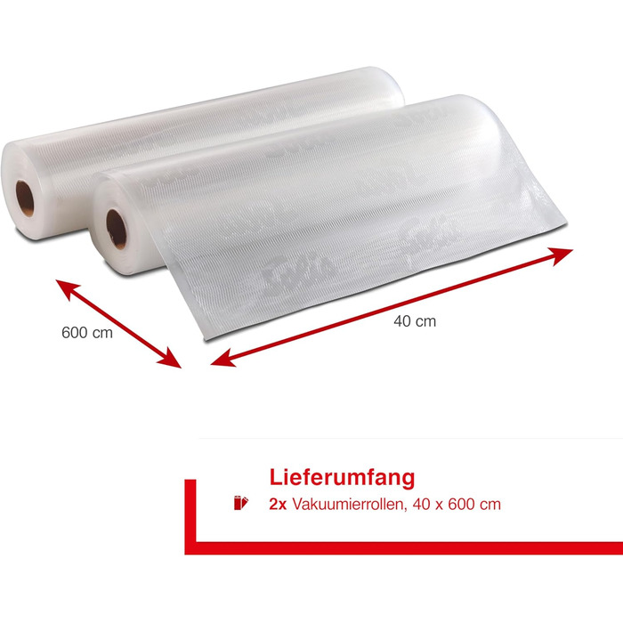 Рулони вакуумного пакувальника Solis 40 x 600 см для вакуумних пакувальників, 2 рулони для вакуумних пакетів для приготування та заморожування, нарізана за розміром та багаторазова вакуумна плівка, ідеально підходить для су-віду, 110 мкм, прозора
