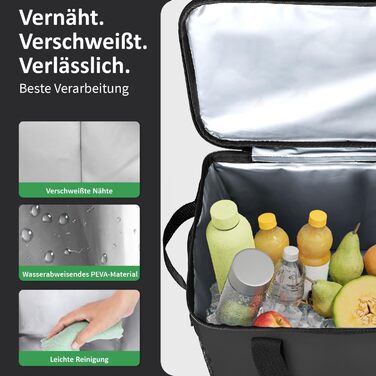 Великий комплект із 2 сумок-холодильників з переробленого матеріалу складні сумки-холодильники з посиленою основою надзвичайно міцні, ідеально підходять як сумка для покупок, ізольована сумка, термосумка, бокс-холодильник, 30 л, чорний, 40 x 24 x 31 см