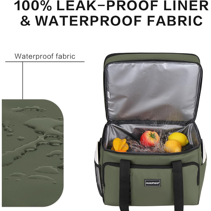 Ізольована сумка-холодильник, водонепроникна, подвійна термосумка для пікніків, кемпінгу, подорожей, покупок продуктів та риболовлі, 42 л зеленого кольору