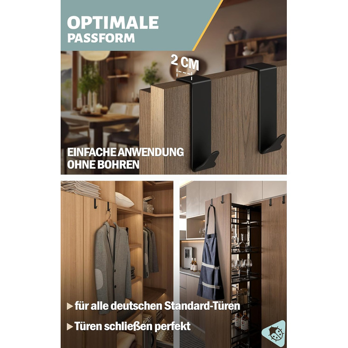 Дверні гачки Menz Premium в комплекті з 6 шт. - Чорні дверні гачки для підвішування з високою несучою здатністю - Функціональні дв