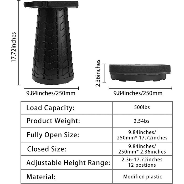 Портативний складаний стілець, телескопічний стілець, складний кемпінговий стілець для кемпінгу на свіжому повітрі, риболовлі, барбекю, використання в приміщенні, кухні, вантажопідйомність 220 кг, чорний