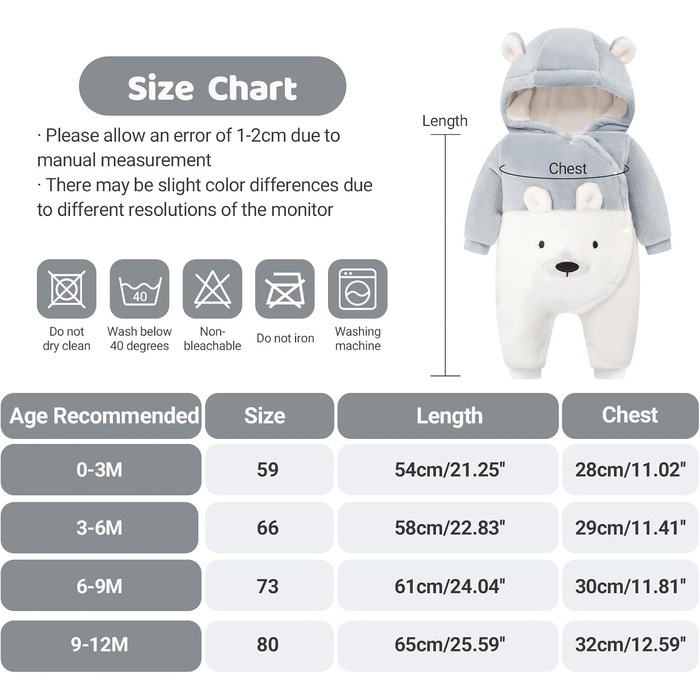 Зимовий комбінезон WYTbaby для малюків, фланелевий, зимовий, для хлопчиків та дівчаток 3-6 місяців, сірий