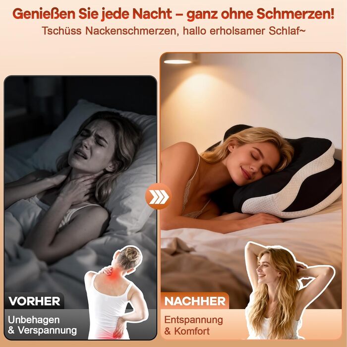 Подушка для шиї - Подушка з піни з ефектом пам&39яті - Подушка для зняття болю в шиї - Ергономічна подушка для сну на боці - Подушка для підтримки шиї для сну на боці, спині та животі - Чорна