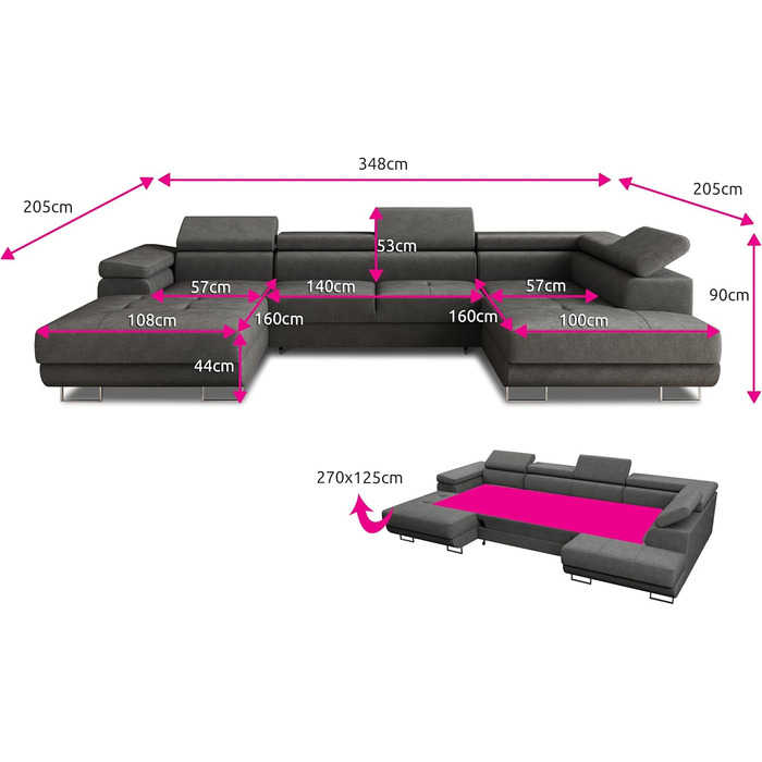 Вітальня Sofnet Caris U з функцією сну та регульованими підголівниками, кутовий диван з двома відділеннями для зберігання речей, кушетка, диван, розкладний диван (Чорний (Kronos 07), Кутовий диван лівий) Чорний (Kronos 07) Кутовий диван лівий