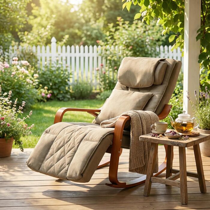 Масажне крісло-гойдалка, крісло-реклайнер, крісло для телевізора з 3-зонним масажем, масажне крісло з функцією підігріву, регульований підголівник та підставка для ніг, знімний чохол, вантажопідйомність 150 кг, бежевий