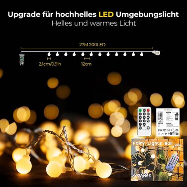 Казкові вогні на відкритому повітрі - 27M 200 світлодіодних кульових ланцюжків з 8 режимами IP44 водонепроникний, вечірній світлов